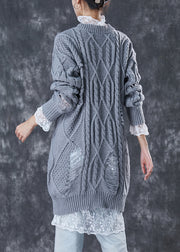 Elegant Grey Hollow Out Knit Ripped Sweater Dress Winter