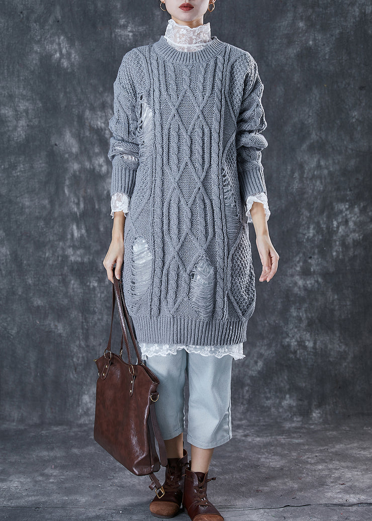 Elegant Grey Hollow Out Knit Ripped Sweater Dress Winter