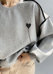Elegant Grey Loose Embroideried Patchwork Fall Sweatshirt Street Wear - SooLinen