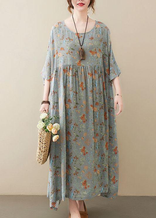 Elegant Grey O-Neck Patchwork Print Half Sleeve Summer Long Dress - SooLinen