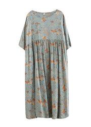 Elegant Grey O-Neck Patchwork Print Half Sleeve Summer Long Dress - SooLinen
