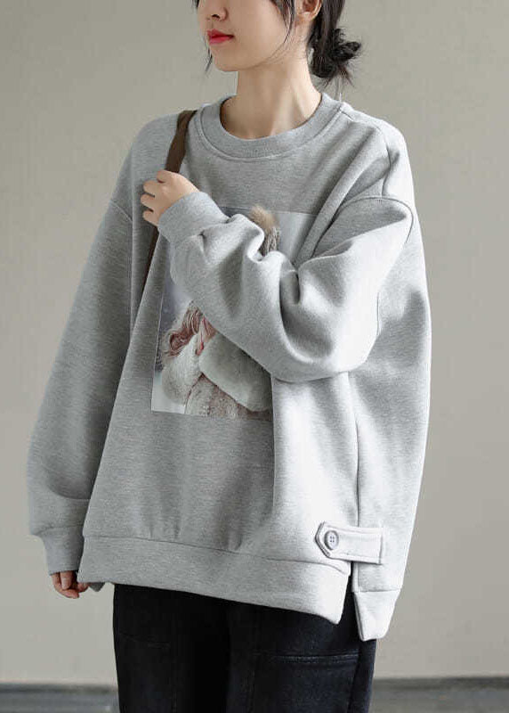 Elegant Grey Oversized Print Warm Fleece Sweatshirts Top Winter