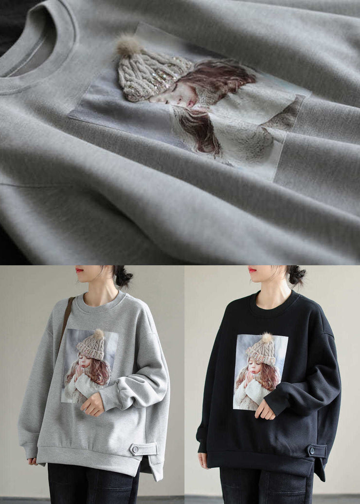 Elegant Grey Oversized Print Warm Fleece Sweatshirts Top Winter