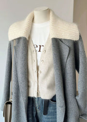 Elegant Grey Peter Pan Collar Pockets Knit Patchwork Woolen Long Coats Long Sleeve