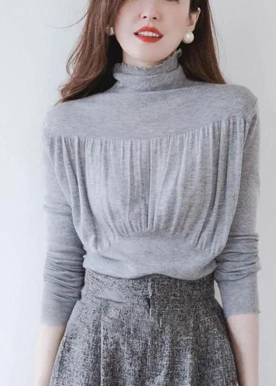 Elegant Grey Stand Collar Ruffled fashion Brief Fall Knitted Top