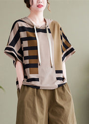 Elegant Grey Striped Patchwork Hooded Shirt Summer
