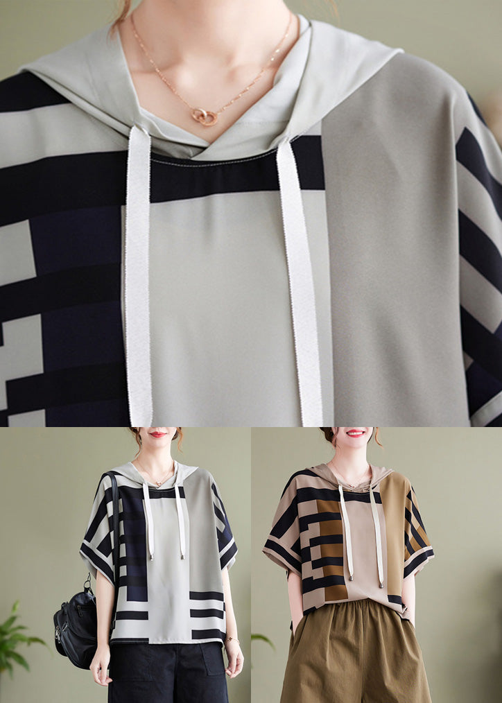 Elegant Grey Striped Patchwork Hooded Shirt Summer
