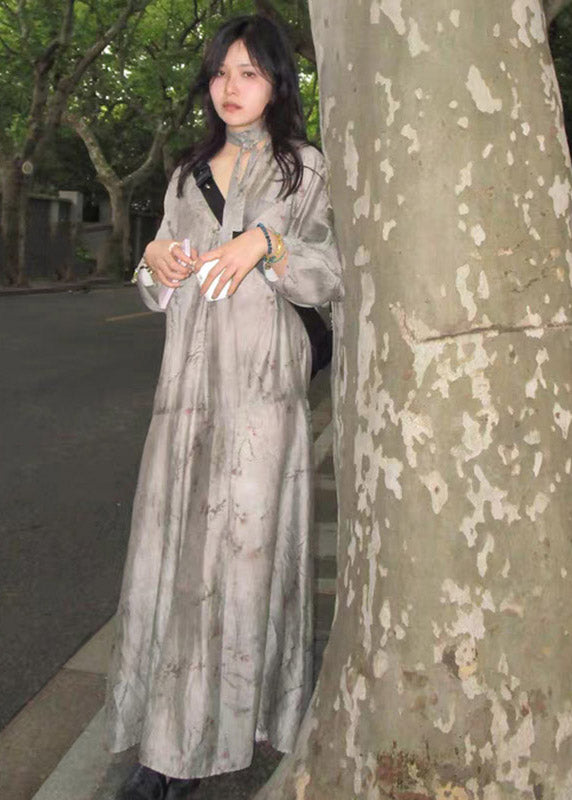 Elegant Grey V Neck Print Patchwork Silk Holiday Maxi Dress Long Sleeve