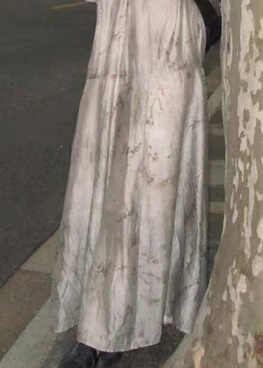 Elegant Grey V Neck Print Patchwork Silk Holiday Maxi Dress Long Sleeve