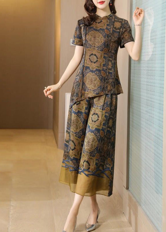 Elegant Khaki Asymmetrical Design Print Silk Two Pieces Set Summer