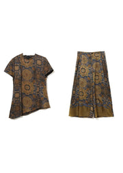 Elegant Khaki Asymmetrical Design Print Silk Two Pieces Set Summer