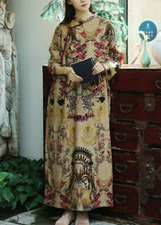Elegant Khaki Button Print Patchwork Cotton Long Dresses Fall