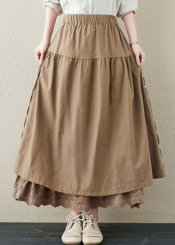 Elegant Khaki Elastic Waist Lace Patchwork Linen A Line Skirts Summer