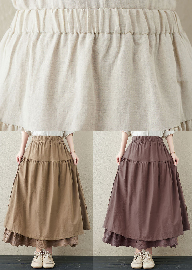 Elegant Khaki Elastic Waist Lace Patchwork Linen A Line Skirts Summer