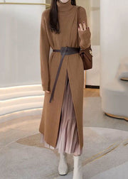 Elegant Khaki Hign Neck Patchwork Front Side Open Knit Knit Dress Winter