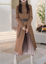 Elegant Khaki Hign Neck Patchwork Front Side Open Knit Knit Dress Winter