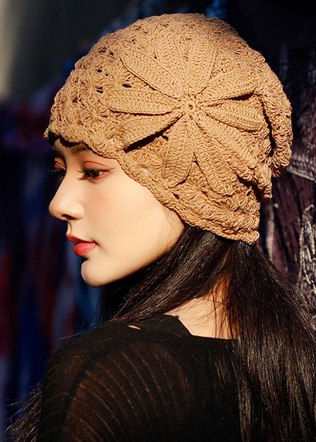Elegant Khaki Hollow Out Floral Knit Bonnie Hat