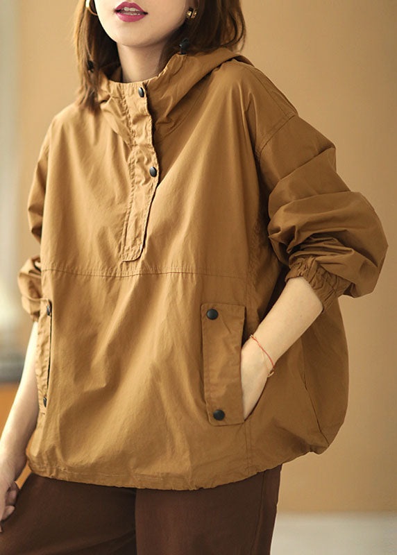 Elegant Khaki Hooded Button Pockets Fall Shirt Long Sleeve