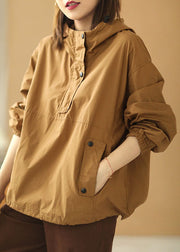 Elegant Khaki Hooded Button Pockets Fall Shirt Long Sleeve
