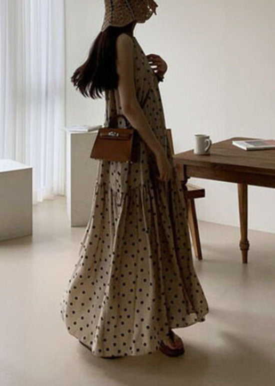 Elegant Khaki O Neck Patchwork Dot Print Cotton Dresses Summer
