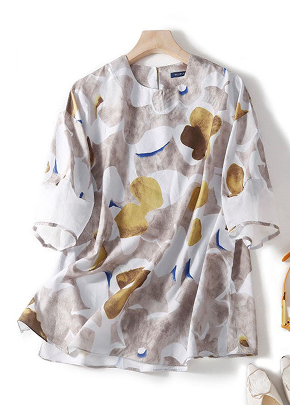 Elegante Khaki-Patchwork-Blusen mit seitlich offenem Druck und O-Ausschnitt, halbe Ärmel