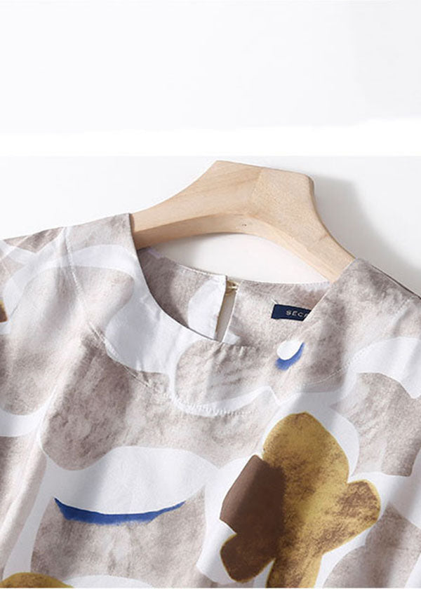 Elegant Khaki O-Neck Patchwork Side Open Print Linen Blouses Half Sleeve