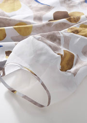 Elegant Khaki O-Neck Patchwork Side Open Print Linen Blouses Half Sleeve