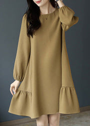 Elegant Khaki O Neck Sashes Cotton Mid Dress Long Sleeve