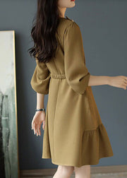Elegant Khaki O Neck Sashes Cotton Mid Dress Long Sleeve