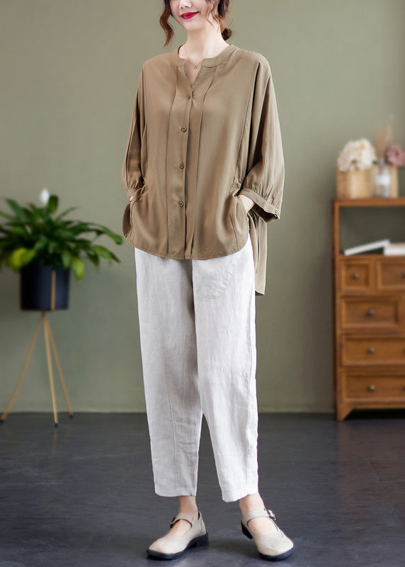 Elegant Khaki Oversized Drawstring Cotton Shirt Top Bracelet Sleeve