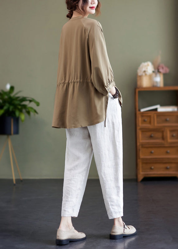 Elegant Khaki Oversized Drawstring Cotton Shirt Top Bracelet Sleeve