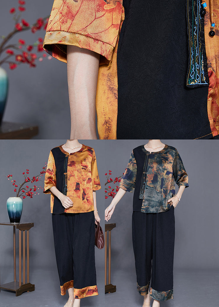 Elegant Khaki Oversized Patchwork Silk Two Pieces Set Half Sleeve