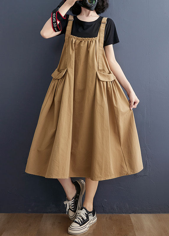 Elegant Khaki Oversized Pockets Cotton Strap A Line Dress Summer