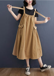 Elegant Khaki Oversized Pockets Cotton Strap A Line Dress Summer