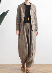 Elegant Khaki Peter Pan Collar  Spring Outwear - SooLinen
