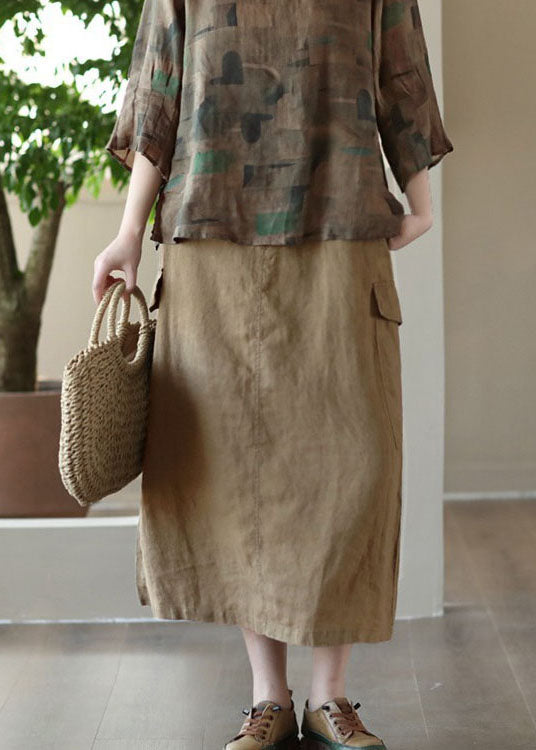 Elegant Khaki Pockets Patchwork Cotton A Line Skirts Summer