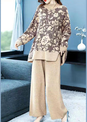 Elegant Khaki Print Tops And Pants Woolen Two Pieces Set Fall