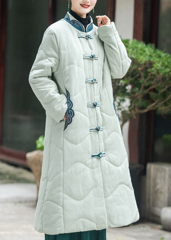 Elegant Khaki Stand Collar Embroidered Lengthen Fine Cotton Filled Witner Coat