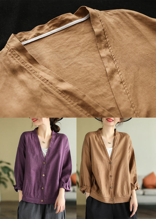Elegant Khaki V Neck Button Linen Top Long Sleeve
