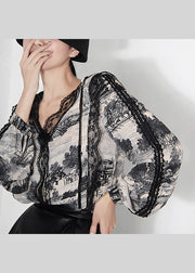 Elegantes Khaki V-Ausschnitt Lace Print Top Spring