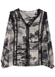 Elegantes Khaki V-Ausschnitt Lace Print Top Spring
