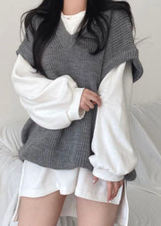 Elegant Khaki V Neck Oversized Knit Two Piece Set Outfits Spring