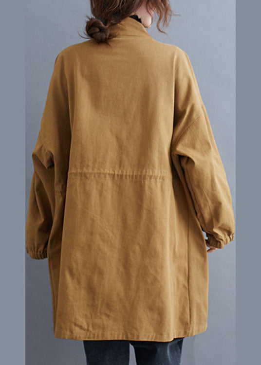 Elegant Khaki Zip Up Pockets Cotton Spring Coat