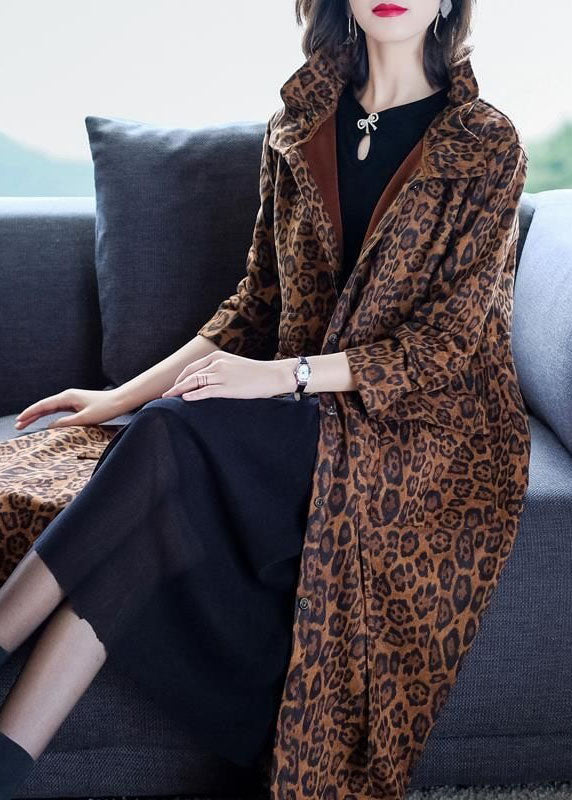 Elegant Leopard Pockets Patchwork Warm Fleece Trench Winter