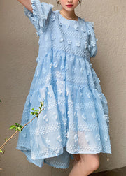 Elegant Light Blue O-Neck Floral Zippered Long Dresses Puff Sleeve