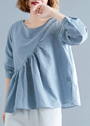 Elegant Light Blue O-Neck Patchwork Ruffles Cotton Shirts Spring