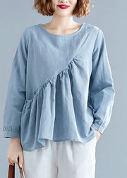 Elegant Light Blue O-Neck Patchwork Ruffles Cotton Shirts Spring