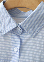 Elegant Light Blue Peter Pan Collar Striped Pocket Silk Shirts Short Sleeve