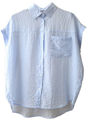 Elegant Light Blue Peter Pan Collar Striped Pocket Silk Shirts Short Sleeve