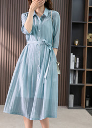 Elegant Light Blue Peter Pan Collar Tie Waist Solid Linen Maxi Dresses Summer
